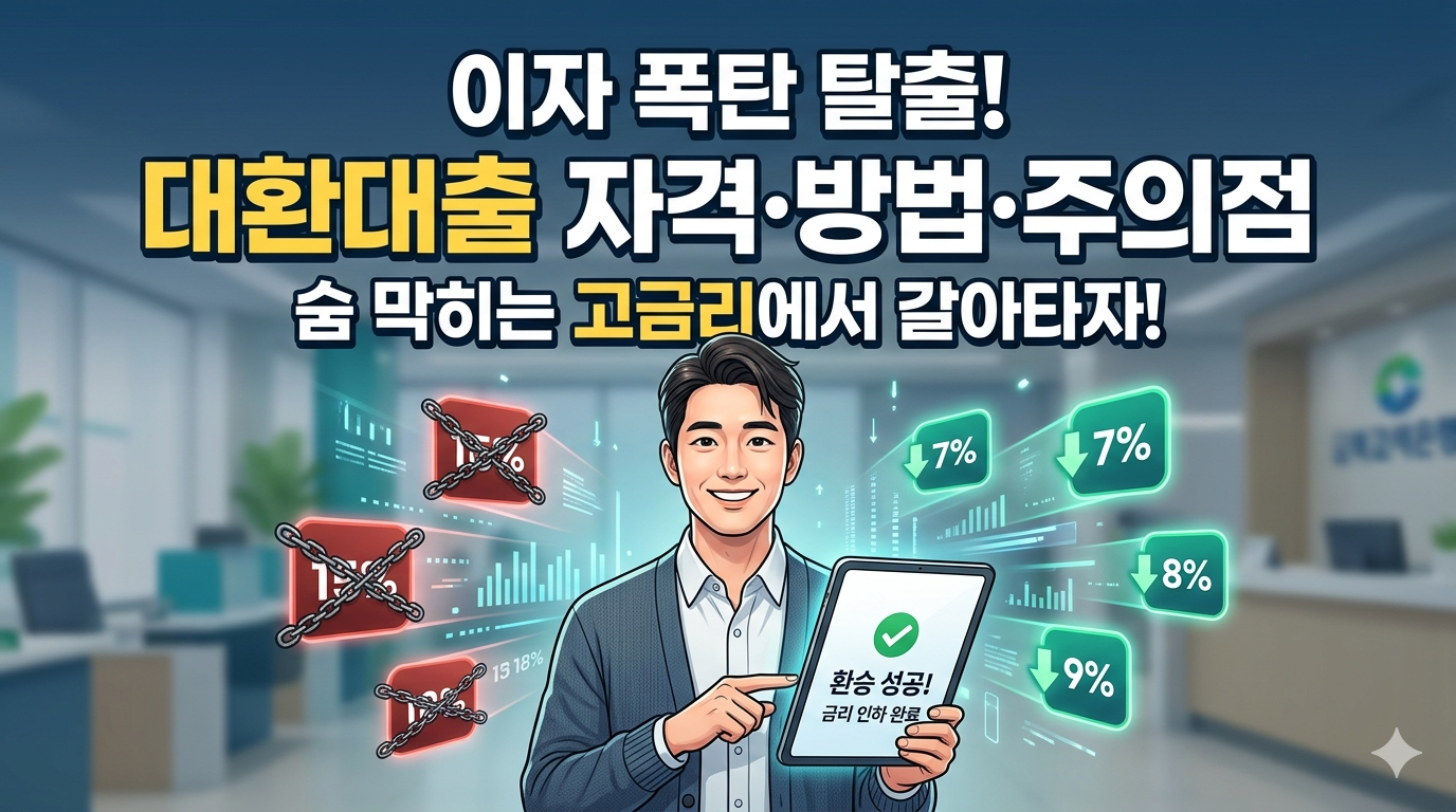 그렇다면 지금 가장 먼저 검토해야 할 솔루션은 바로 '대환대출'입니다. 이 글에서는 금융 전문가의 시선에서 대환대출의 핵심 개념부터 가입 자격, 신청 방법, 그리고 반드시 확인해야 할 주의점까지 가감 없이 정리해 드립니다. 이자 부담을 줄이고 신용점수를 올리는 현명한 갈아타기, 지금 시작합니다.