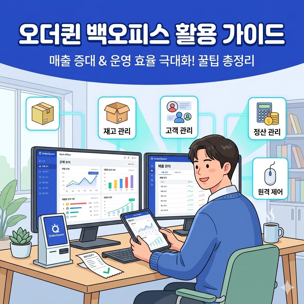 무인 매장 운영의 핵심은 '현장에 없어도 매장을 완벽하게 장악하는 것'에 있습니다. 특히 오더퀸 키오스크를 사용하는 점주님들에게 백오피스(Back-Office)는 단순한 관리 페이지를 넘어 매장의 두뇌와 같습니다. 20년 가까운 메디컬 행정 관리 경험과 현재 광교에서 무인 펫샵을 운영하며 체득한 실무 노하우를 바탕으로, 오더퀸 백오피스를 통해 매출을 극대화하고 운영 효율을 높이는 핵심 전략을 정리해 드립니다.